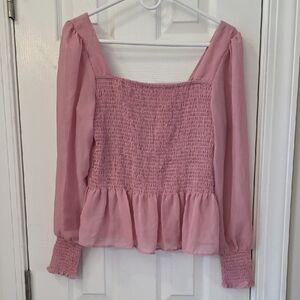 Nine West Dusty Rose Smocked Square-Neck Peplum Blouse